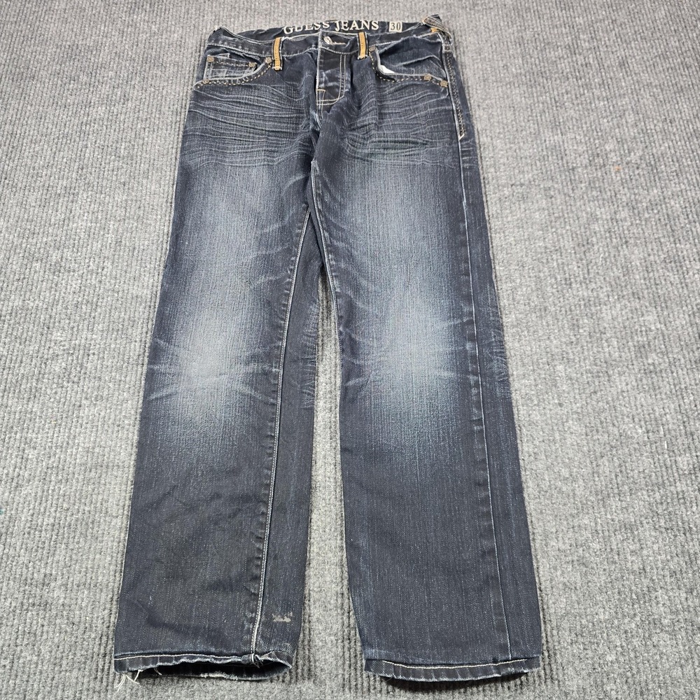 Guess Jeans Mens 30 Blue‎ Medium Wash Rebel Regular Straight Denim Distressed - Picture 2 of 16